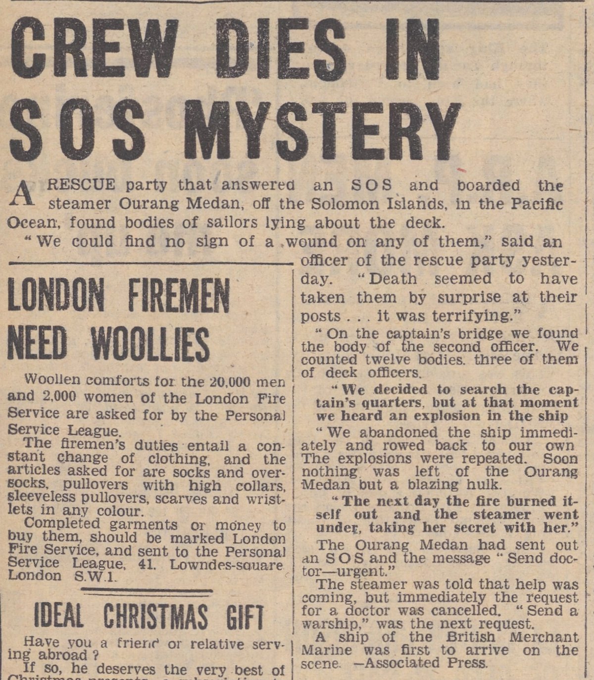 Clipping of the Daily Mirror, 22 November 1940: headline CREW DIES IN SOS MYSTERY, Associated Press report about the steamer Ourang Medan off the Solomon Islands.