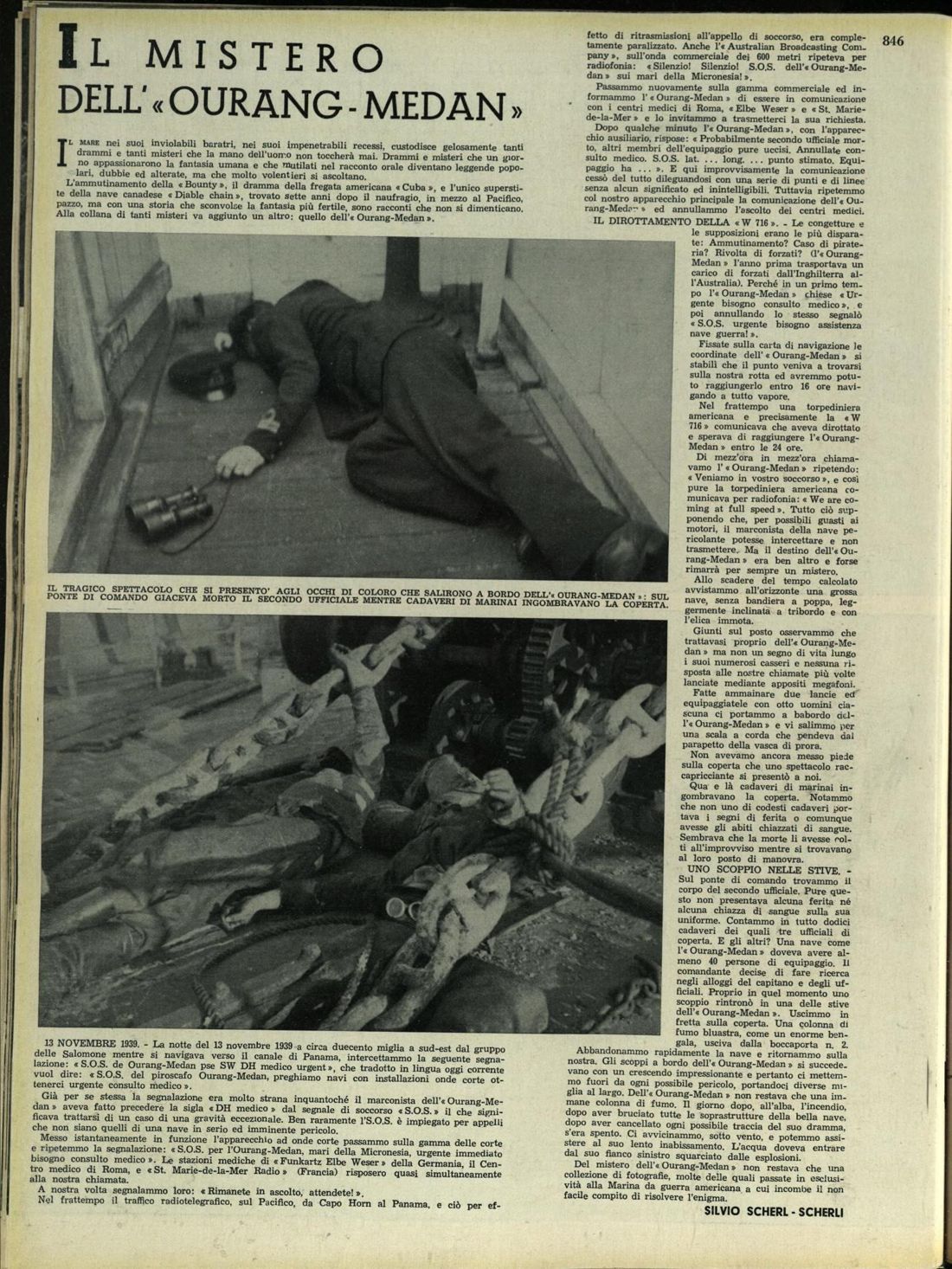 Full page 846 of L'Illustrazione Italiana, December 1940, with the article Il mistero dell'Ourang-Medan and two photographs.