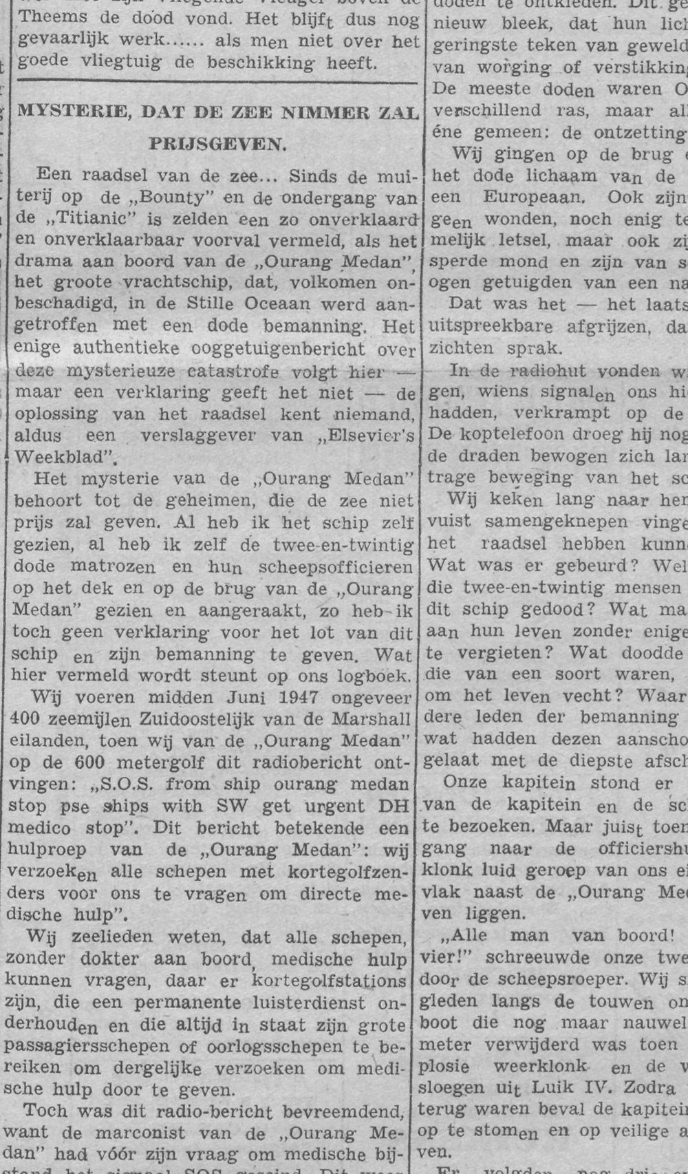 Column of the Leekster Courant with the headline Mysterie, dat de zee nimmer zal prijsgeven and the opening of the article crediting a reporter of Elsevier's Weekblad.