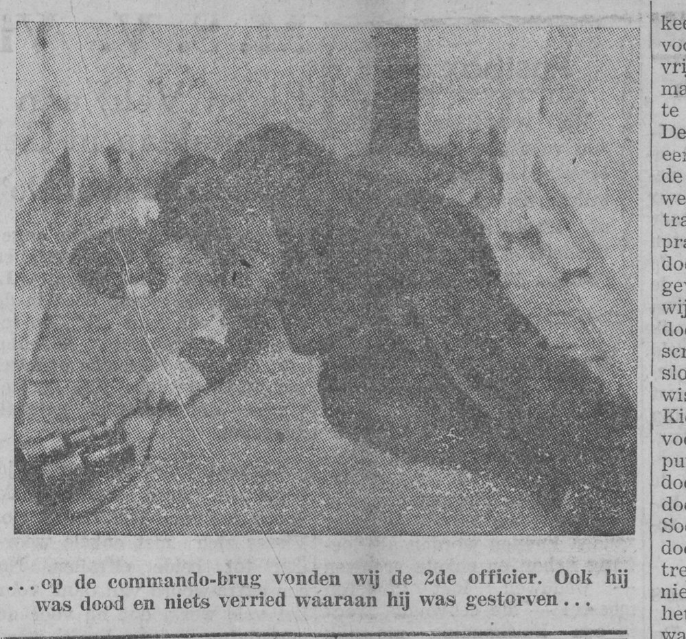 Newspaper photograph of a man lying face down on a ship's bridge, captioned as the second officer found dead.