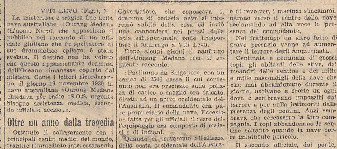 Opening columns of the 5 February 1941 article, datelined Viti Levu (Fiji), 5, with the survivor's account beginning Partimmo da Singapore.